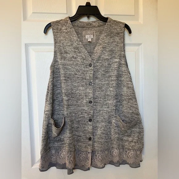 LOGO Lori Goldstein Button Up Lace Trim V-neck Sweater Vest, Women’s, Lg, Gray - Picture 1 of 16